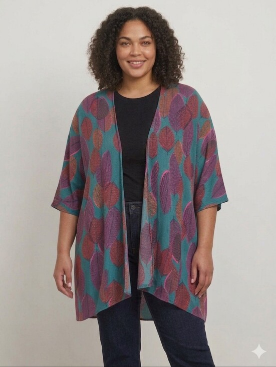 LuLaRoe Jackets & Blazers - LuLaRoe Blue Leaf-Print Open-Front Kimono with Purple and Pink Accents